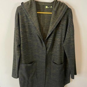 Xersion Women’s size XO Open Front Draped Hoodie Sweater, Black/Gold Cozy Casual